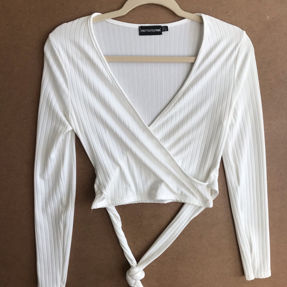 Pretty Little Thing tie front white long sleeve